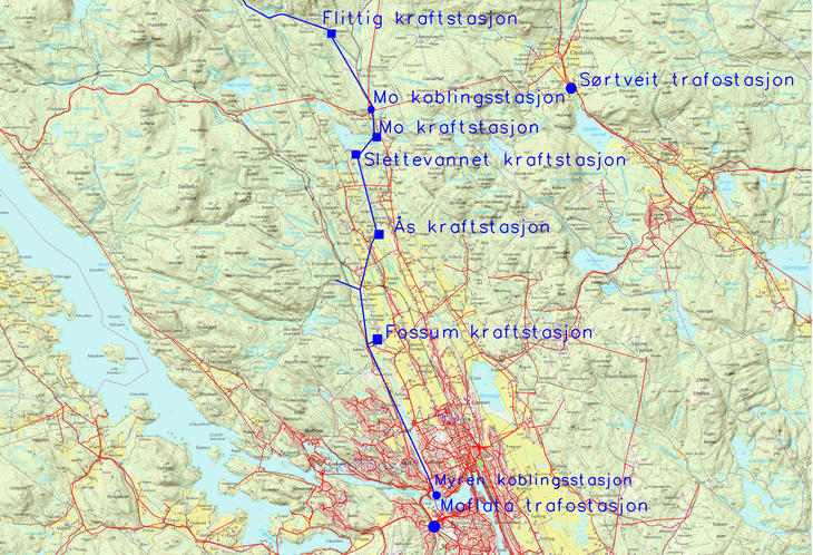 Kartet viser et utsnitt av nettet som Skagerak Nett har overtatt fra Løvenskiold Fossum Kraft AS fra Myren i sør til Svanstul i nord (overtatt nett markert i blått).  Illustrasjon: Skagerak Nett AS