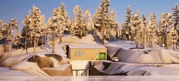 3D-illustrasjon av kraftverksbygning. Vinter.